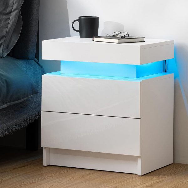 71iI9NHOjgL._AC_SL1500 LED Nightstand White Nightstand with Led Lights Modern Night Stand with 2 High Gloss Drawers Led Bedside Table Smart Nightstand for Bedroom 20.5” Tall