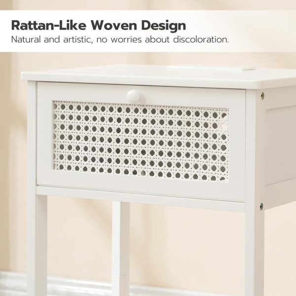 End Table, Bamboo Side Table with Drawer, Rattan Nightstand for Small Space, Tall Bedside Table, Phone Table Easy to Assemble, for Bedroom, Living Room, Study Room, White WT109BZ01