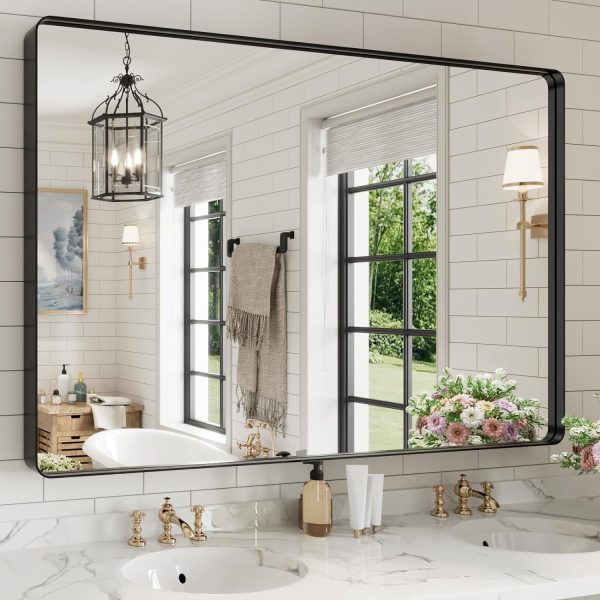 71j7jtd5QxL._AC_SL1500 22x30 Inch Bronze Bathroom Mirror for Vanity, Brushed Bronze Metal Frame Mirror for Wall, Rounded Rectangle Bronze Frame Mirror with Tempered Glass, Anti-Rust (Horizontal/Vertical)