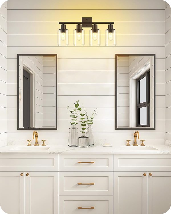 71jH0RPS3XL._AC_SL1500 4-Light Black Bathroom Light Fixture, Vanity Light Over Mirror with Clear Glass Shade, Modern Sconce Wall Lighting with Metal Base, for Mirror Bedroom Powder Room Hallway, Black B04BD05
