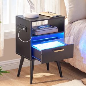 71jP7Y1s2qL._AC_SL1500 Nightstand with Charging Station and LED Lights, Night Stands with Drawer, End Bedside Table with USB Ports & Outlets, Side Table for Bedroom, LED Nightstands, for Bedroom, Black BB01UDBZ01