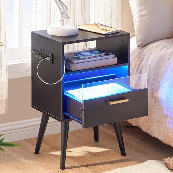 Nightstand with Charging Station and LED Lights, Night Stands with Drawer, End Bedside Table with USB Ports & Outlets, Side Table for Bedroom, LED Nightstands, for Bedroom, Black BB01UDBZ01