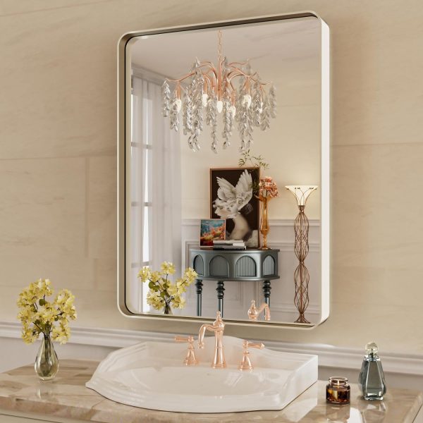 71jrX2KzMyL._AC_SL1500 22x30 Inch Bronze Bathroom Mirror for Vanity, Brushed Bronze Metal Frame Mirror for Wall, Rounded Rectangle Bronze Frame Mirror with Tempered Glass, Anti-Rust (Horizontal/Vertical)