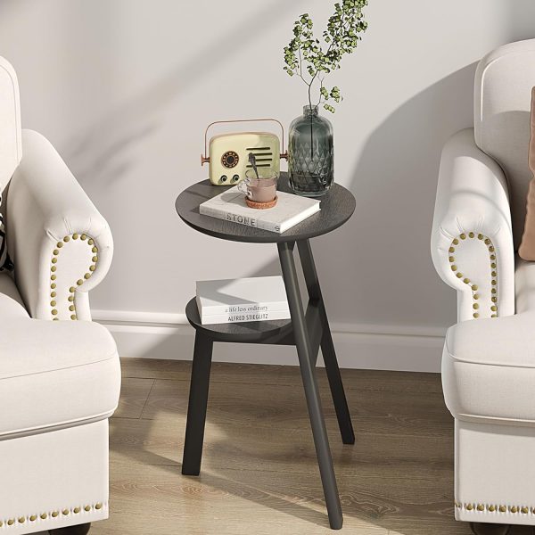 Round End Side Table, Accent Table with 2 Tier Shelves, Nightstand Bedside Table for Living Room Bedroom and Small Space, Black