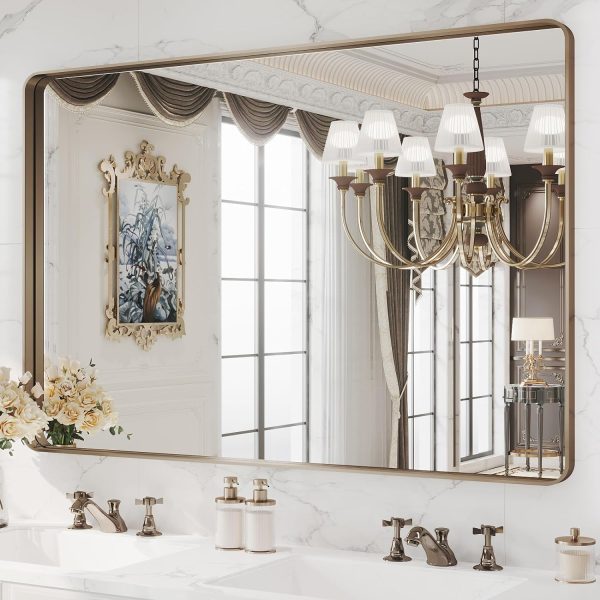 71kFyRpItFL._AC_SL1500 22x30 Inch Bronze Bathroom Mirror for Vanity, Brushed Bronze Metal Frame Mirror for Wall, Rounded Rectangle Bronze Frame Mirror with Tempered Glass, Anti-Rust (Horizontal/Vertical)