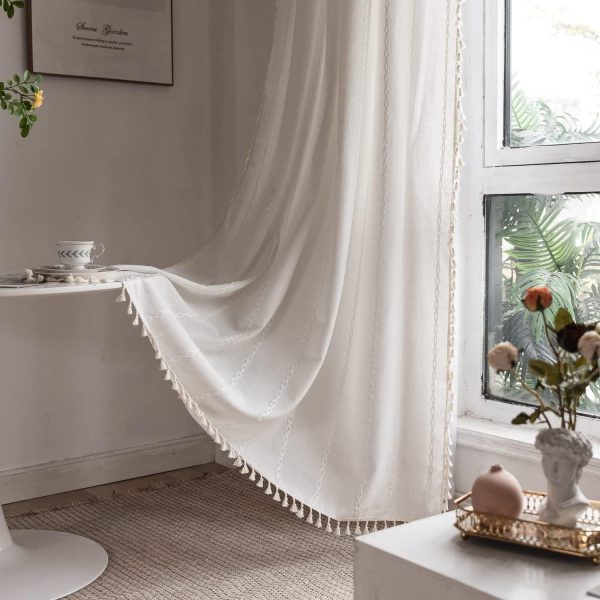 71kznom1-NL._AC_SL1500 Boho Curtains Semi-Blackout Window Curtains 84 Inch 2 Pannels for Living Room, Linen Tassels Farmhouse Curtains with Embroidery for Bedroom Rod Pocket Draperies 52" W x 84" L,Off White