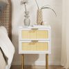 Rattan Nightstand, Drawer Dresser for Bedroom, Small Side Table with Drawer, Bedside Furniture, Night Stand, End Table with Gold Frame for Bedroom, Living Room, White
