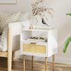 Rattan Nightstand, Drawer Dresser for Bedroom, Small Side Table with Drawer, Bedside Furniture, Night Stand, End Table with Gold Frame for Bedroom, Living Room, White