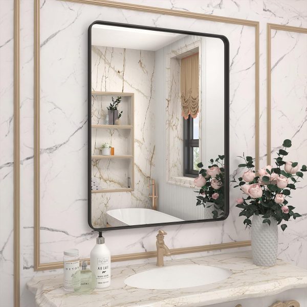 71mIowKJd_L._AC_SL1500 20x30 Silver Bathroom Mirror, Silver Wall Mirror for Vanity, Brushed Metal Framed Rectangle Mirror, Anti-Rust, Brushed Nickel,Shatterproof, Round Corners(Horizontally/Vertically)