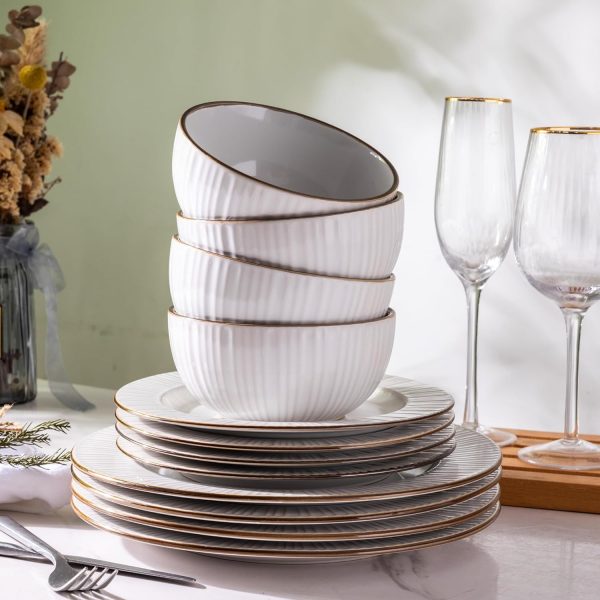 71miKg8HZyL._AC_SL1500 Ceramic Dinnerware Sets, Embossed White Stoneware Plates and Bowls Sets, Housewarming Wedding Gift | Dishwasher & Microwave Safe | Dishes Set Service for 4