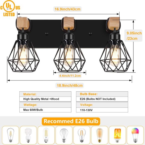 3-Light Farmhouse Bathroom Vanity Light Fixtures, Wood Bathroom Lighting Over Mirror, Black Vanity Lights with Metal Lampshade, Vintage Wall Light Fixtures for Bedroom, Living Room, Hallway