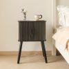 71o2KOeFUxL._AC_SL1500 Mid Century Modern Nightstand, Bedside Table with Sliding Fluted Doors, End Tables Living Room with 2-Tier Storage Cabinet and Solid Wood Legs for Bedroom and Small Space, Brown