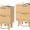 Wooden Nightstand with 2 Drawers, Small Bedside Table with Storage, Mid Century Modern End Side Table with Wood Fluted Drawers for Bedroom, Living Room（Natural）