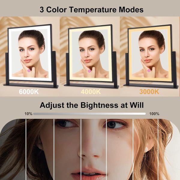 Vanity Mirror with Lights,16"×14" Makeup Mirror with Light Smart Touch Control Dimmable 3 Modes Lighted LED Mirror 360°Rotation Black