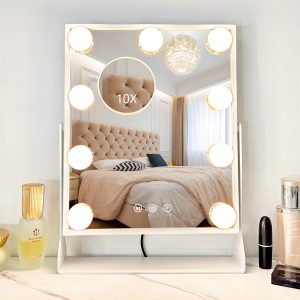 71pYLQiQ07L._AC_SL1500 Vanity Mirror with Lights, Hollywood Lighted Makeup Mirror with 9 Dimmable LED Bulbs, 3 Color Lighting Modes, Detachable 10X Magnification, 360°Rotation,White