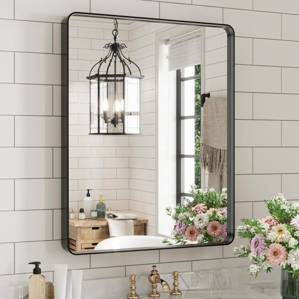 71qH34Qlt8L._AC_SL1500 22x30 Inch Bronze Bathroom Mirror for Vanity, Brushed Bronze Metal Frame Mirror for Wall, Rounded Rectangle Bronze Frame Mirror with Tempered Glass, Anti-Rust (Horizontal/Vertical)