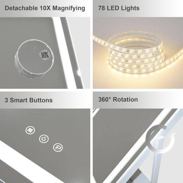 Hollywood Vanity Mirror with Lights, Lighted Vanity Mirror with Detachable 10X Magnification Mirror, 3 Colors, 1200mAh Rechargeable Standing Makeup Mirror with Lights White