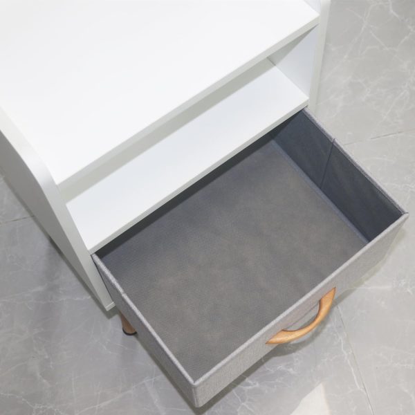 White Nightstand, Modern Bedside Tables with Fabric Drawer, Wooden End Table for Small Space, Narrow Side Table with Open Storage Shelf for Bedroom/Living Room/Dorm.