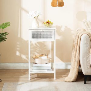 71rAspWjX2L._AC_SL1500 End Table, Bamboo Side Table with Drawer, Rattan Nightstand for Small Space, Tall Bedside Table, Phone Table Easy to Assemble, for Bedroom, Living Room, Study Room, White WT109BZ01