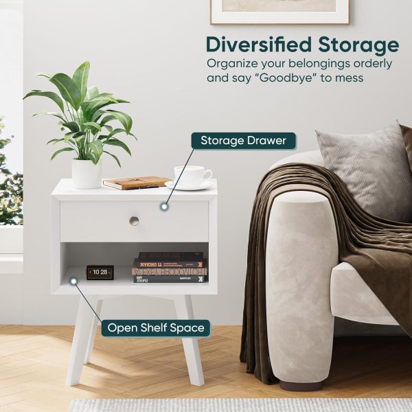 71rHgxzra1L._AC_SL1500 White Night Stand, Mid Century Modern Wood Nightstand with One Drawer, Bedside Table with Open Storage Shelf and Solid Wood Legs, Bed Side Table for Bedroom, End Tables for Living Room