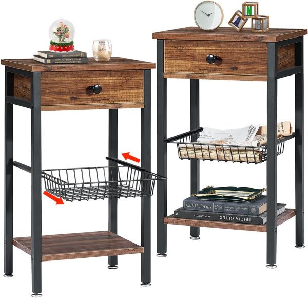71rOBvEEtFL._AC_SL1500 Tall Side End Table,Nightstands Shelf Storage Organizer with Versatile Metal Basket for Telephone Entryway/Living Room/Bedroom/Kitchen,31" H, 1 Set, Rustic Brown