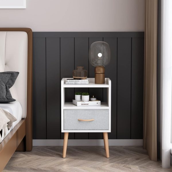 NightStand with Fabric Drawer, Bedside Table with Solid Wood Legs, Minimalist and Practical End Side Table with Open Storage Shelf for Bedroom, White.