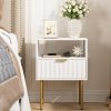 71tDXNThO8L._AC_SL1500 Nightstand,Fluted Bedside Table with Gold Frame,White Nightstand,Bedside Furniture, Modern Side Table with Drawer and Shelf for Bedroom,Living Room
