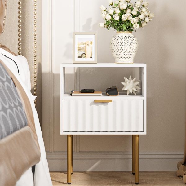 71tDXNThO8L._AC_SL1500 Nightstand,Fluted Bedside Table with Gold Frame,White Nightstand,Bedside Furniture, Modern Side Table with Drawer and Shelf for Bedroom,Living Room