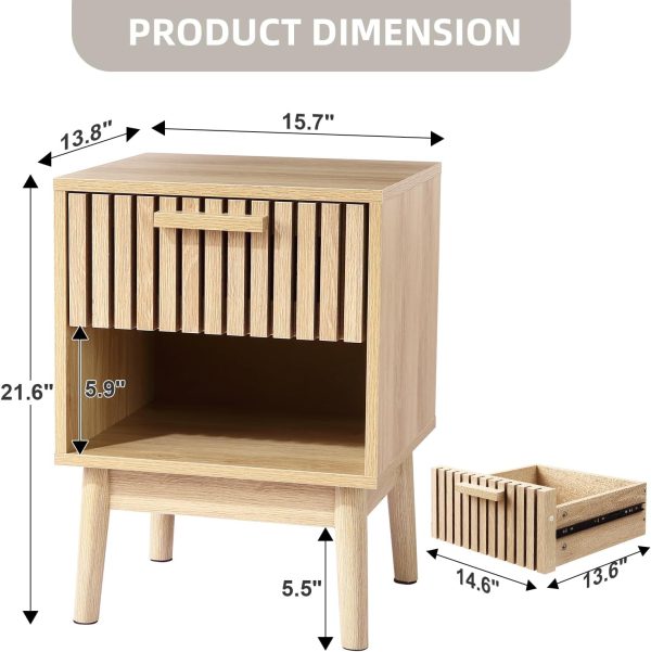 Boho Nightstand, Small Side Table Night Stand with Drawer Open Shelf, Bedside End Table with Wood Strip Decorated Drawer for Bedroom, Living Room, Dorm and Small Spaces (Natural)