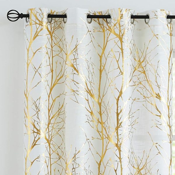Tree Print Yellow Grey and White Curtains for Living Room Windows - Linen Textured Grommet Branches Pattern Window Treatment Set for Bedroom - 50" W x 96" L - (2 Panels)
