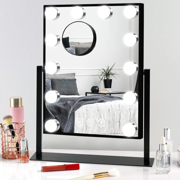 71uhzZ71LoL._AC_SL1500 Lighted Vanity Makeup Mirror with Lights Hollywood Cosmetic Mirror with 9 Dimmable LED Bulbs for Dressing Room Tabletop, 3 Color Lighting, Detachable 10X Magnification Mirror, White