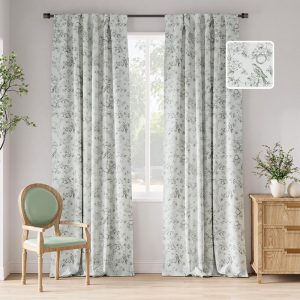 100% Blackout Floral Curtains 96 Inches Long, Printed Flower Sage Green Blackout Curtains for Bedroom Rod Pocket Back Tab Full Blackout Curtains Thermal Insulated Window Drapes, 2 Panels