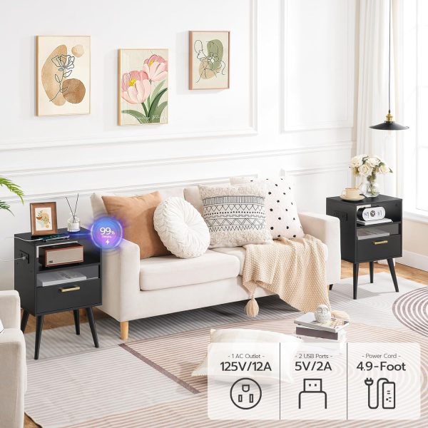 Nightstand with Charging Station and LED Lights, Night Stands with Drawer, End Bedside Table with USB Ports & Outlets, Side Table for Bedroom, LED Nightstands, for Bedroom, Black BB01UDBZ01