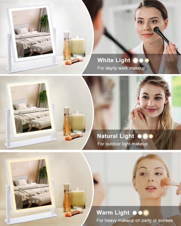 71wHUpao9IL._AC_SL1500 Vanity Mirror with Lights, Hollywood Makeup Mirror with Lights Phone Holder, Smart Touch Control, 3 Color Lighting Modes with Detachable 10x Magnification Mirror, 360°Rotation, White