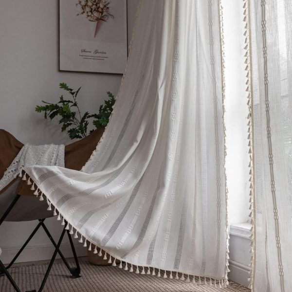 71w_RBMPL1L._AC_SL1288 Boho Curtains Semi-Blackout Window Curtains 84 Inch 2 Pannels for Living Room, Linen Tassels Farmhouse Curtains with Embroidery for Bedroom Rod Pocket Draperies 52" W x 84" L,Off White