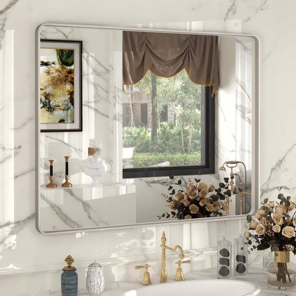 71wgk33XLOL._AC_SL1500 20x30 Silver Bathroom Mirror, Silver Wall Mirror for Vanity, Brushed Metal Framed Rectangle Mirror, Anti-Rust, Brushed Nickel,Shatterproof, Round Corners(Horizontally/Vertically)