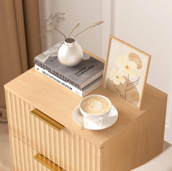 Wooden Nightstand with 2 Drawers, Small Bedside Table with Storage, Mid Century Modern End Side Table with Wood Fluted Drawers for Bedroom, Living Room（Natural）