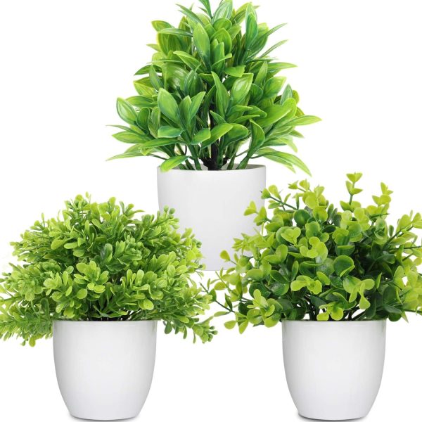 71x3PY4raSL._AC_SL1500 rtificial Potted Plants Mini Fake Plants in Pots, 4 Pack Medium Eucalyptus Potted Faux Decorative Grass Plant with White Plastic Pot for Home Decor, Indoor, Office, Desk, Table Decoration