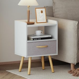 71xKE0u9heL._AC_SL1445 White Nightstand, Modern Bedside Tables with Fabric Drawer, Wooden End Table for Small Space, Narrow Side Table with Open Storage Shelf for Bedroom/Living Room/Dorm.