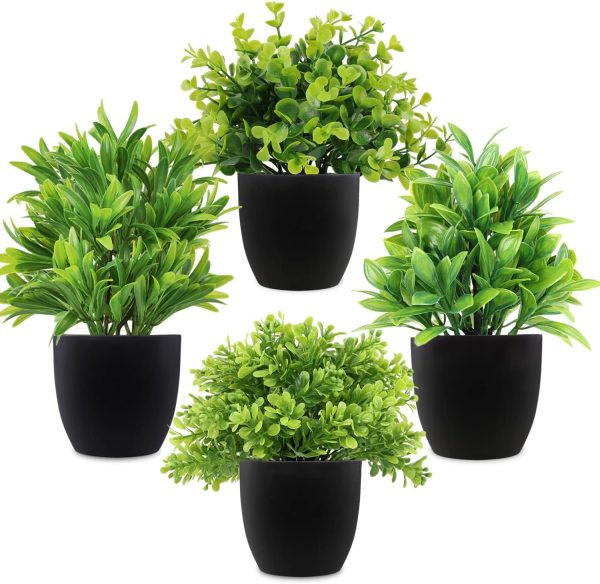 71xopmcTAYL._AC_SL1500 rtificial Potted Plants Mini Fake Plants in Pots, 4 Pack Medium Eucalyptus Potted Faux Decorative Grass Plant with White Plastic Pot for Home Decor, Indoor, Office, Desk, Table Decoration
