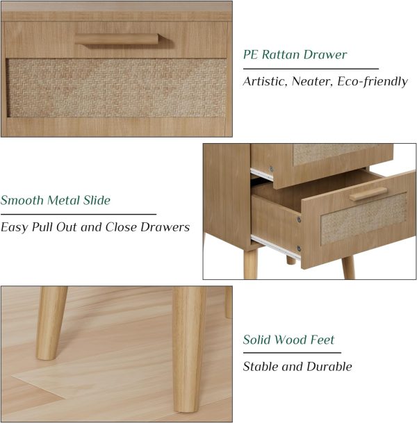 71y_J4ECbPL._AC_SL1500 Nightstand with Charging Station,Rattan Night Stand with Solid Wood Legs, Bedside Table with USB Ports & Outlets Bed Side Table,End Table for Bedroom,Living Room(Nature Wood Color)