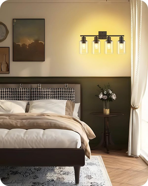 71ydk9OnH7L._AC_SL1500 4-Light Black Bathroom Light Fixture, Vanity Light Over Mirror with Clear Glass Shade, Modern Sconce Wall Lighting with Metal Base, for Mirror Bedroom Powder Room Hallway, Black B04BD05