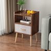 NightStand with Fabric Drawer, Bedside Table with Solid Wood Legs, Minimalist and Practical End Side Table with Open Storage Shelf for Bedroom, White.