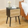 Rattan Nightstand with Storage, Wood Bedside Table with 2 Rattan Drawers, Boho Night Stand Modern End Side Table for Bedroom and Small Space, Natural Walnut