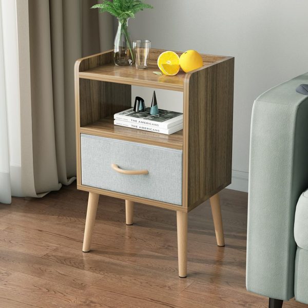 NightStand with Fabric Drawer, Bedside Table with Solid Wood Legs, Minimalist and Practical End Side Table with Open Storage Shelf for Bedroom, White.