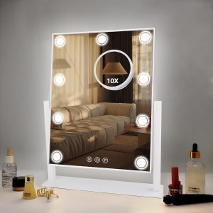 71zp7ZzKjOL._AC_SL1500 Lighted Makeup Mirror, 14"x 12" Hollywood Vanity Mirror with 9 LED Bulbs, 3 Color Lights, and Detachable 10X Magnification Mirror, 1200mAh Rechargeable, Touch Control, 360°Rotation (White)