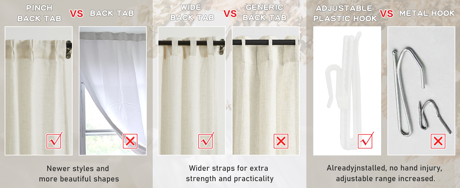 Pinch Pleated Window Curtains Pinch Pleat Back Tab Light Filtering Drapes with Hooks Boho Farmhouse