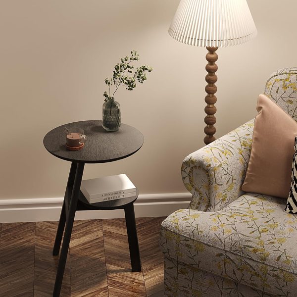 Round End Side Table, Accent Table with 2 Tier Shelves, Nightstand Bedside Table for Living Room Bedroom and Small Space, Black