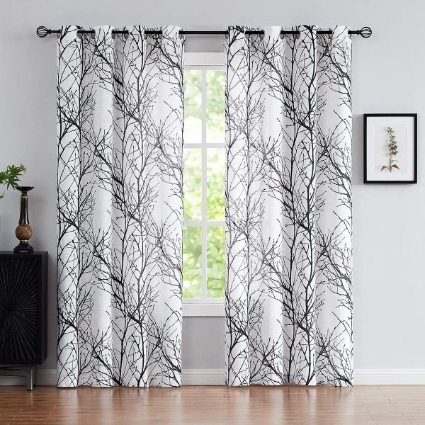 Tree Print Yellow Grey and White Curtains for Living Room Windows - Linen Textured Grommet Branches Pattern Window Treatment Set for Bedroom - 50" W x 96" L - (2 Panels)