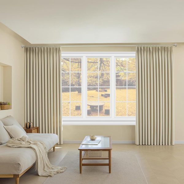 812ffcQ0MrL._AC_SL1500 Pure White Pinch Pleat Curtain 52" W x 63" L Solid Thermal Insulated 50% Blackout Patio Door Curtain Panel Drape for Traverse Rod and Track with Tieback, (One Panel)
